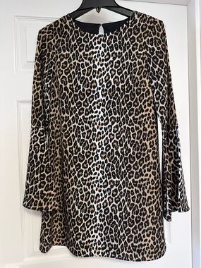 Leopard Print Long Sleeve Tunic Top - Tan Black Cream